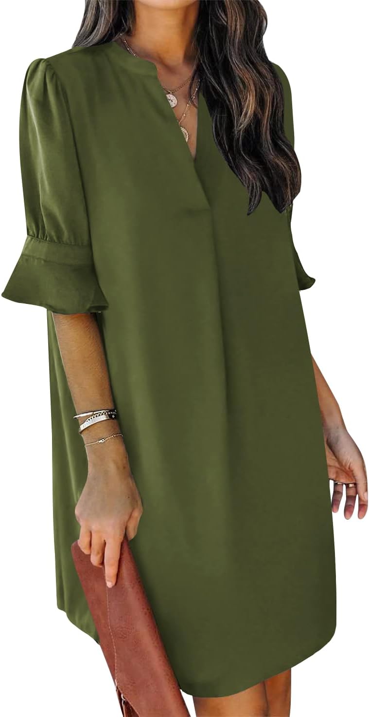 QACOHU Summer Dresses for Women V Neck Ruffle Short Sleeve Casual Shift Dress