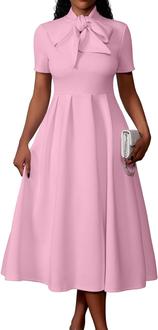 Memoriesea Women's Elegant Casual Short Sleeve Work Party A-Line Dress with Pockets