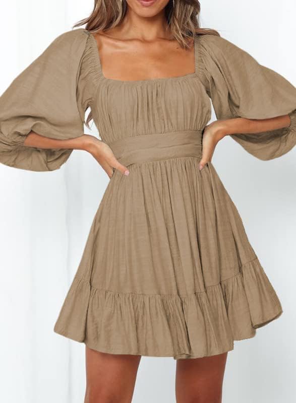 Dokotoo Womens Summer Dresses Square Neck Tie Back Lantern Sleeve Ruffle A-Line Casual Dress
