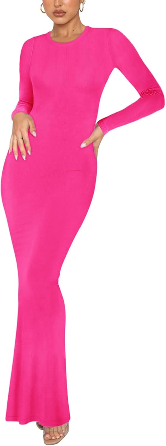 REORIA Women's Sexy Crew Neck Lounge Long Dress Elegant Long Sleeve Ribbed Bodycon Maxi Dresses