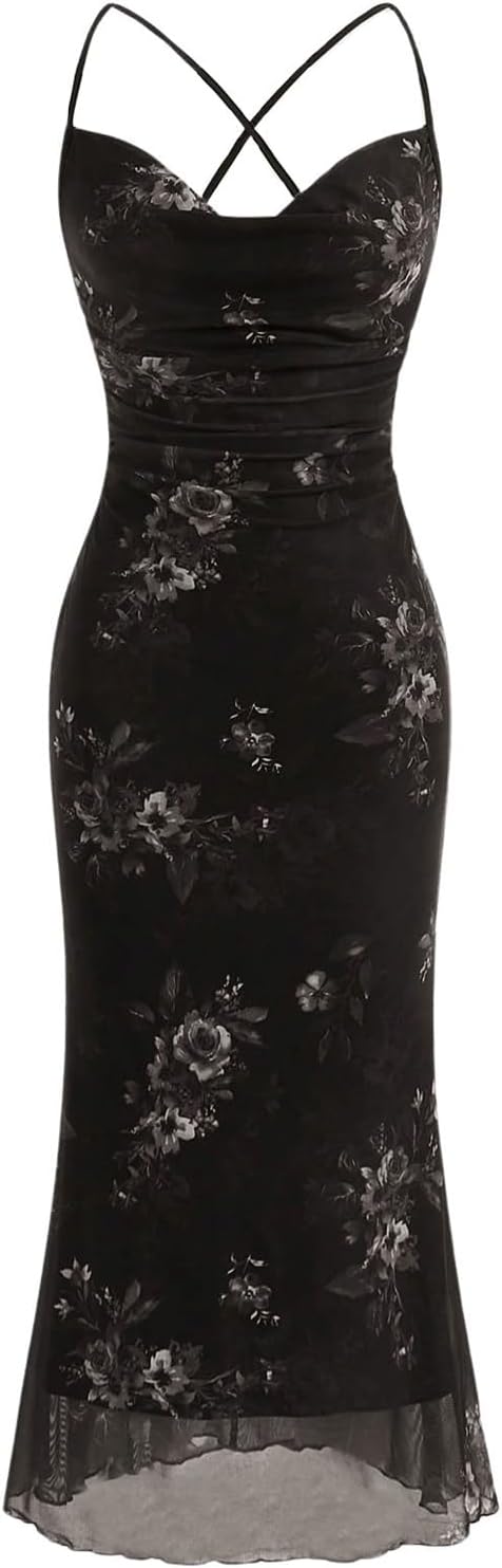 SOLY HUX Women's Floral Mesh Bodycon Cami Dress Cowl Neck Sleeveless Cocktail Party Wedding Guest Long Maxi Dresses