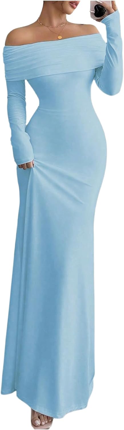 SOLY HUX Women's Long Sleeve Off The Shoulder Bodycon Dress Elegant Maxi Dress Cocktail Prom Dresses