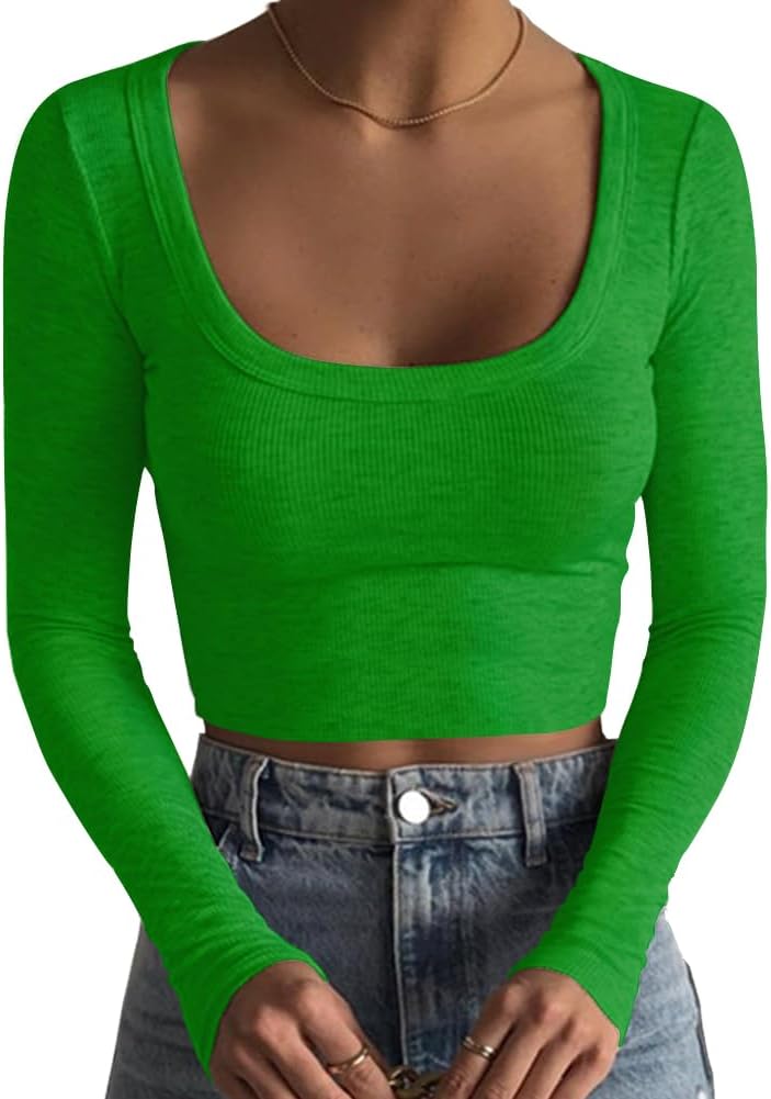 Artfish Women's Square Neck Long Sleeve Ribbed Slim Fitted Casual Basic Crop Top