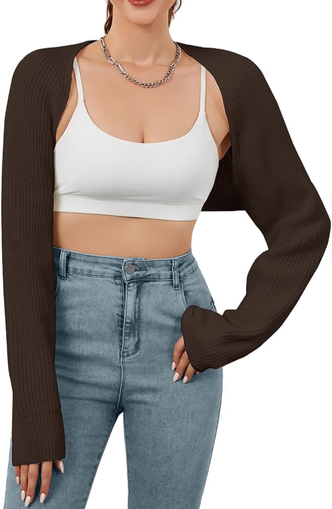 Women Open Front Ribbed Knit Crop Bolero Drop Shoulder Long Sleeve Solid Loose Fit Knitted Crop Cardigan Shrug