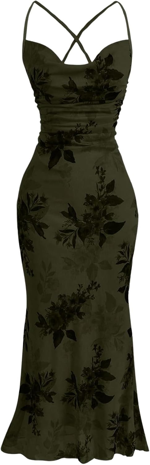 SOLY HUX Women's Floral Mesh Bodycon Cami Dress Cowl Neck Sleeveless Cocktail Party Wedding Guest Long Maxi Dresses