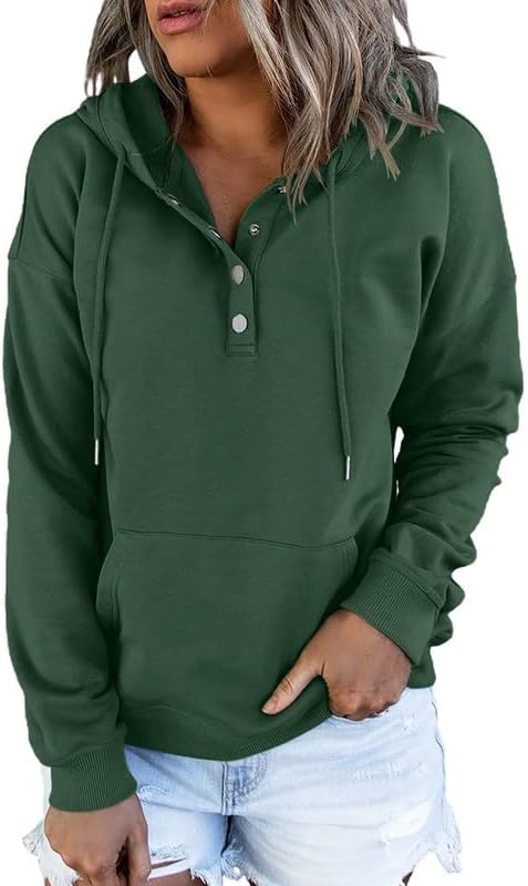 Dokotoo Womens 2025 Hoodies Button Collar Drawstring Hooded Pullover Sweatshirt Casual Long Sleeve Tops Shirts