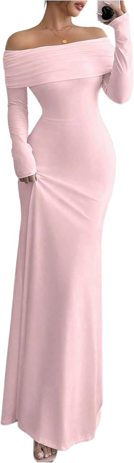 SOLY HUX Women's Long Sleeve Off The Shoulder Bodycon Dress Elegant Maxi Dress Cocktail Prom Dresses