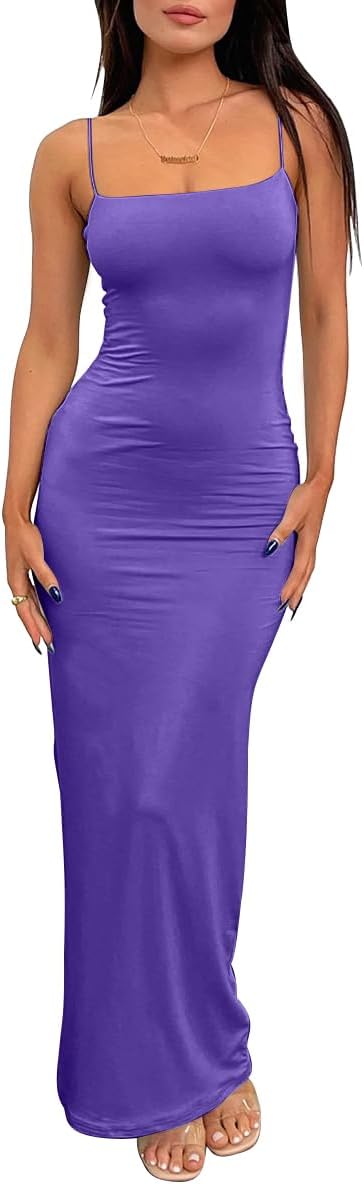LILLUSORY Womens Summer Casual Slip Dresses Spaghetti Strap Double Lined Bodycon Maxi Dress