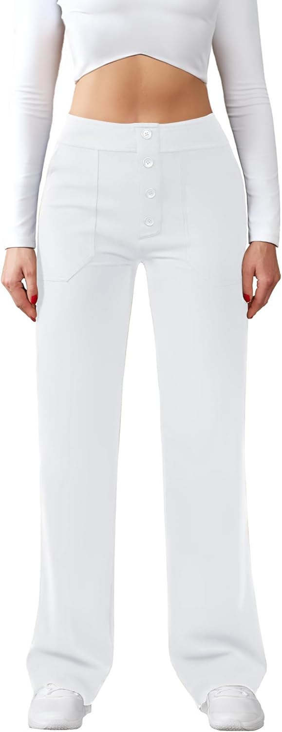 Womens Casual High Waist Straight Leg Pants Stretchy Button Business Dress Work Pocket Trousers