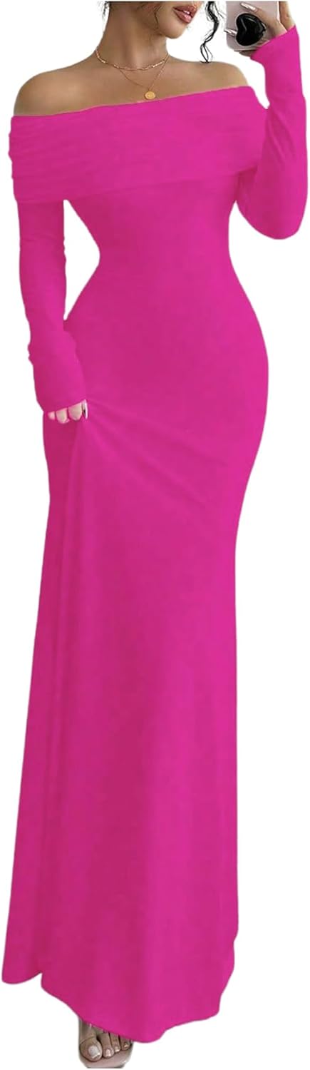 SOLY HUX Women's Long Sleeve Off The Shoulder Bodycon Dress Elegant Maxi Dress Cocktail Prom Dresses