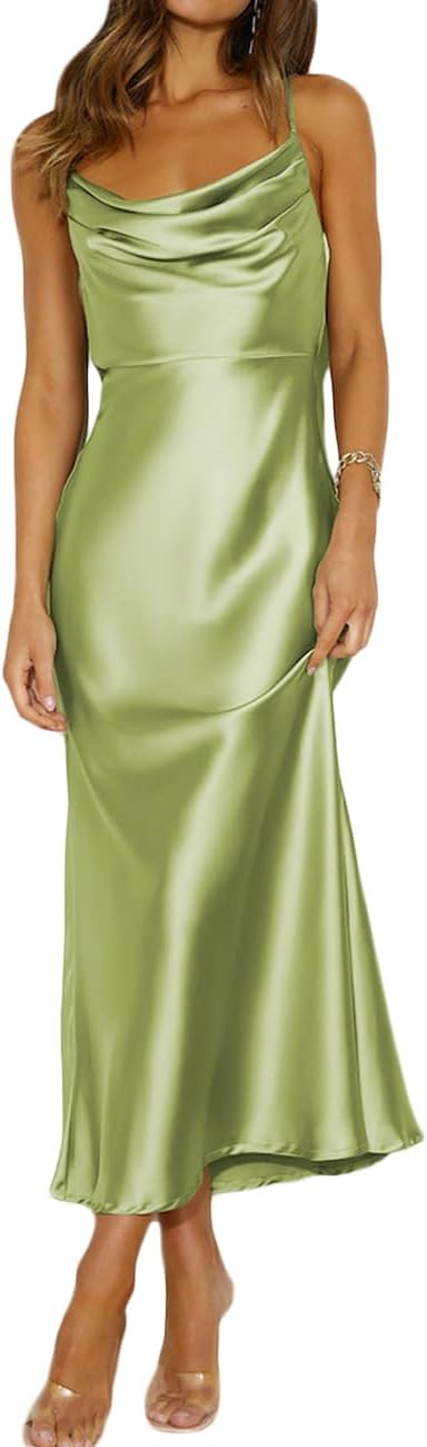 Summer Satin Spaghetti Strap Cowl Neck Backless Midi Dresses for Women Elegant Tie Low Back Ruched Cocktail Dress