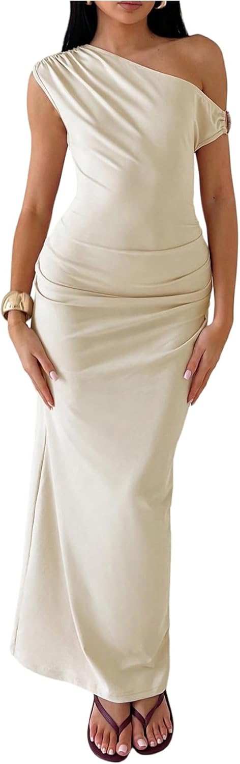 Verdusa Women's Off The Shoulder Wedding Guest Dress Asymmetrical Ruched Sleeveless Maxi Dresses