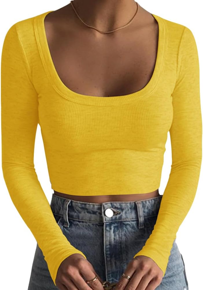 Artfish Women's Square Neck Long Sleeve Ribbed Slim Fitted Casual Basic Crop Top