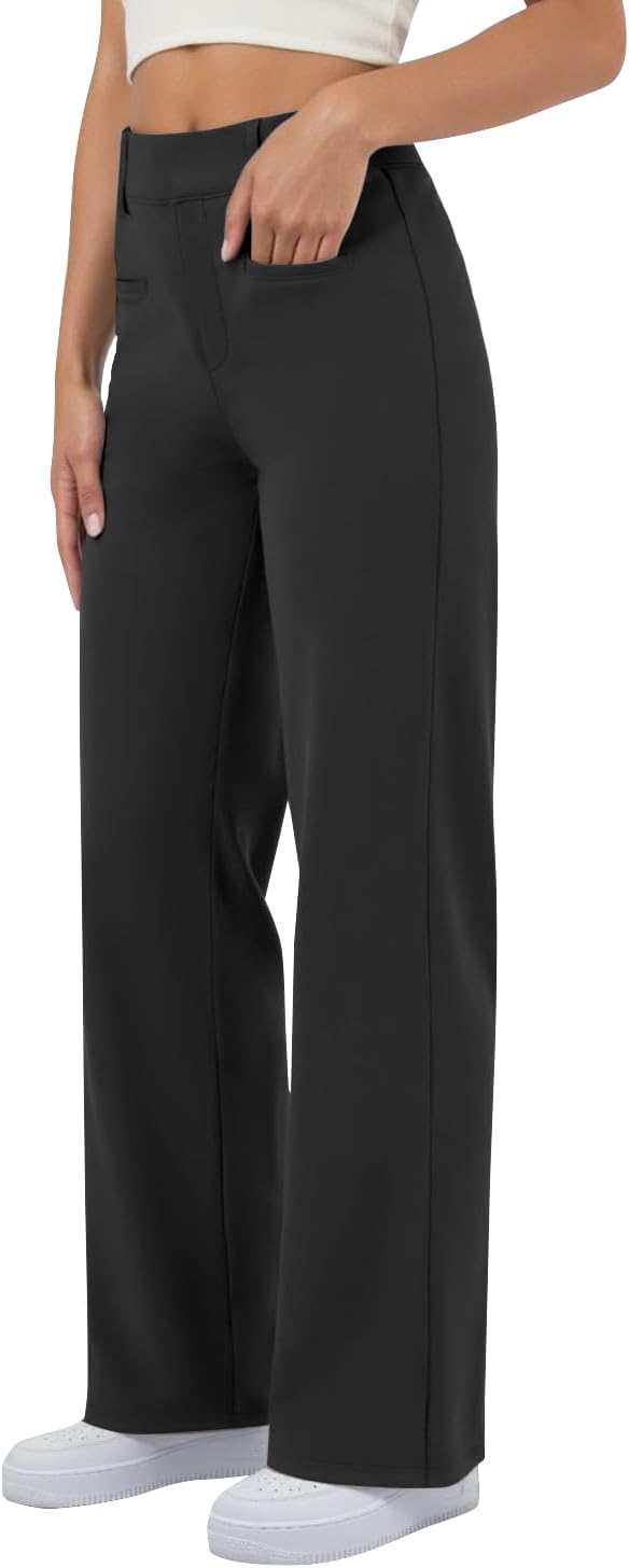 Womens Casual High Waist Straight Leg Pants Stretchy Button Business Dress Work Pocket Trousers