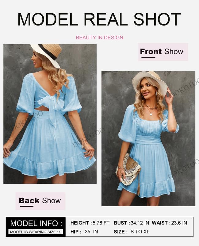 Dokotoo Womens Summer Dresses Square Neck Tie Back Lantern Sleeve Ruffle A-Line Casual Dress