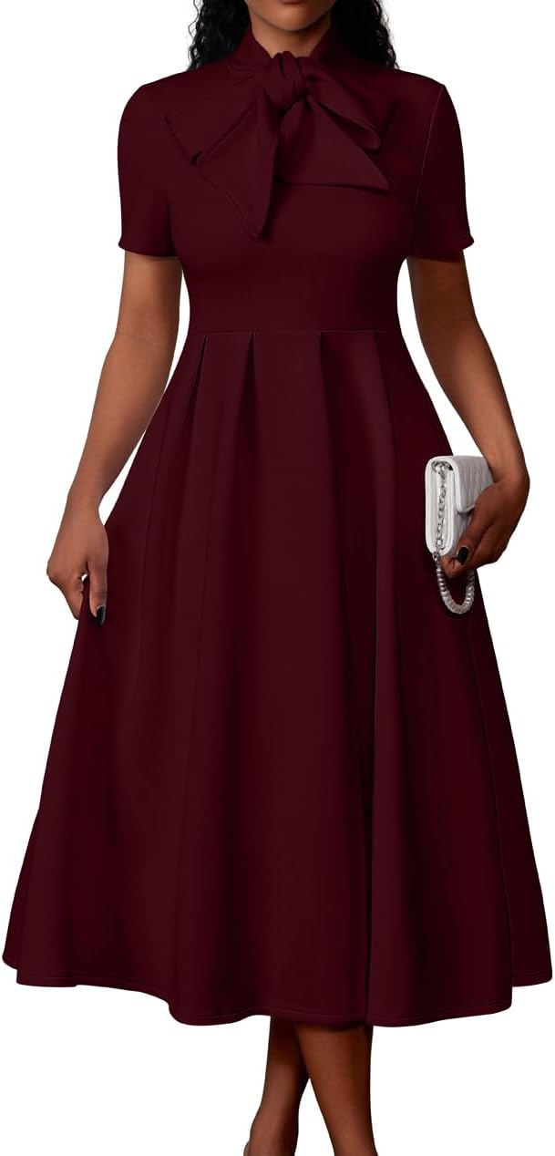 Memoriesea Women's Elegant Casual Short Sleeve Work Party A-Line Dress with Pockets