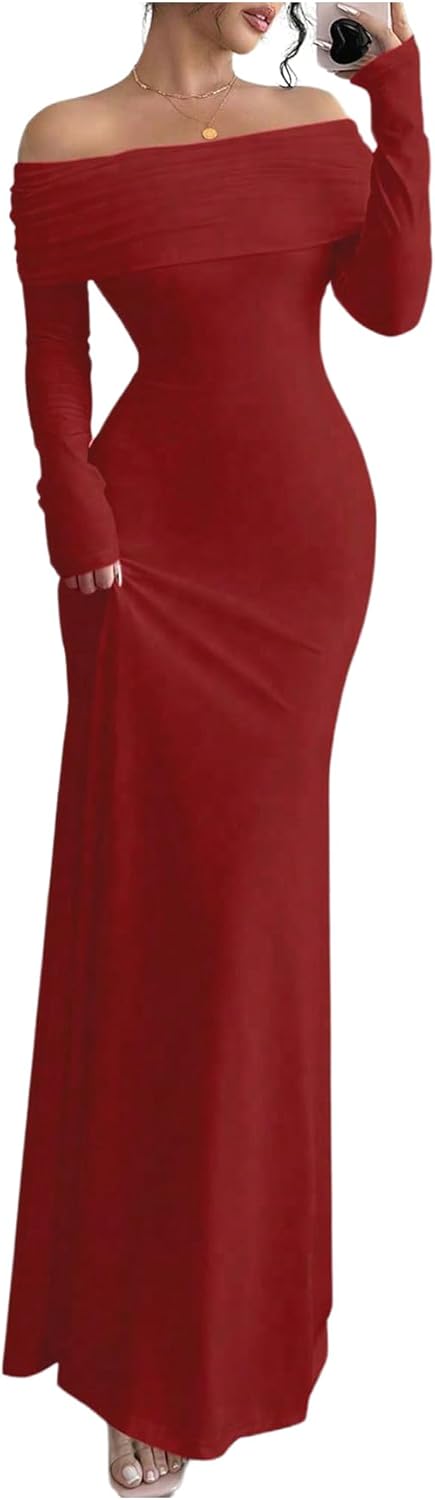 SOLY HUX Women's Long Sleeve Off The Shoulder Bodycon Dress Elegant Maxi Dress Cocktail Prom Dresses