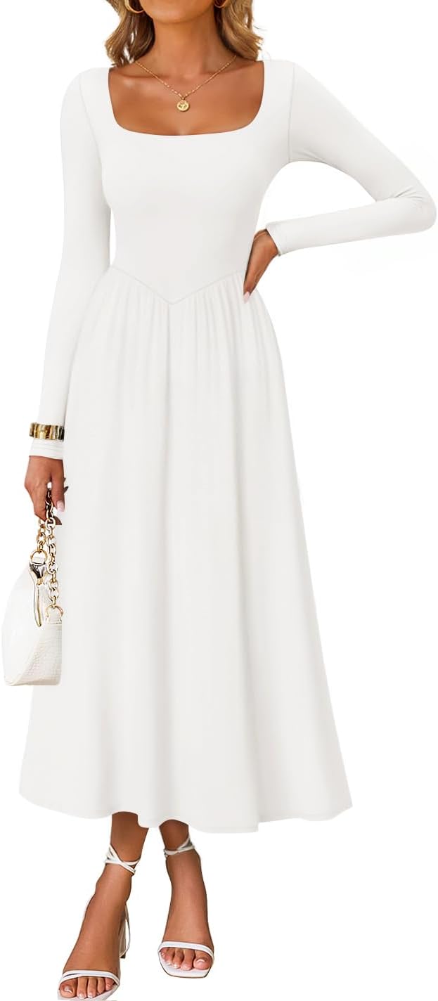 ZESICA Fall Dresses for Women 2025 Elegant Classy Square Neck Long Sleeve Flowy Wedding Guest Party Midi Dress