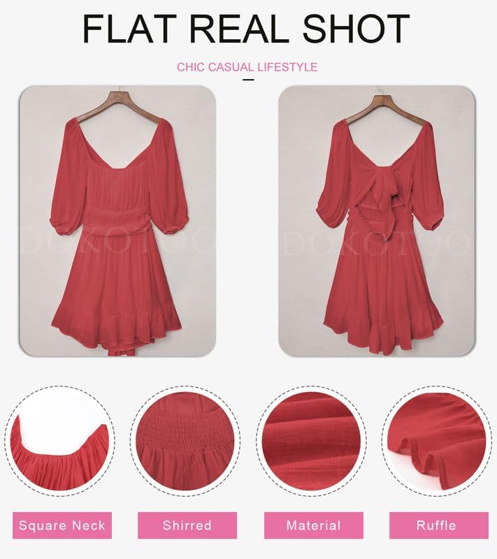 Dokotoo Womens Summer Dresses Square Neck Tie Back Lantern Sleeve Ruffle A-Line Casual Dress