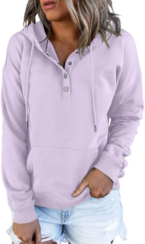 Dokotoo Womens 2025 Hoodies Button Collar Drawstring Hooded Pullover Sweatshirt Casual Long Sleeve Tops Shirts