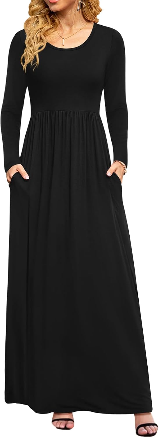DB MOON Women Casual Long Sleeve Maxi Dresses Empire Waist Long Dress with Pockets