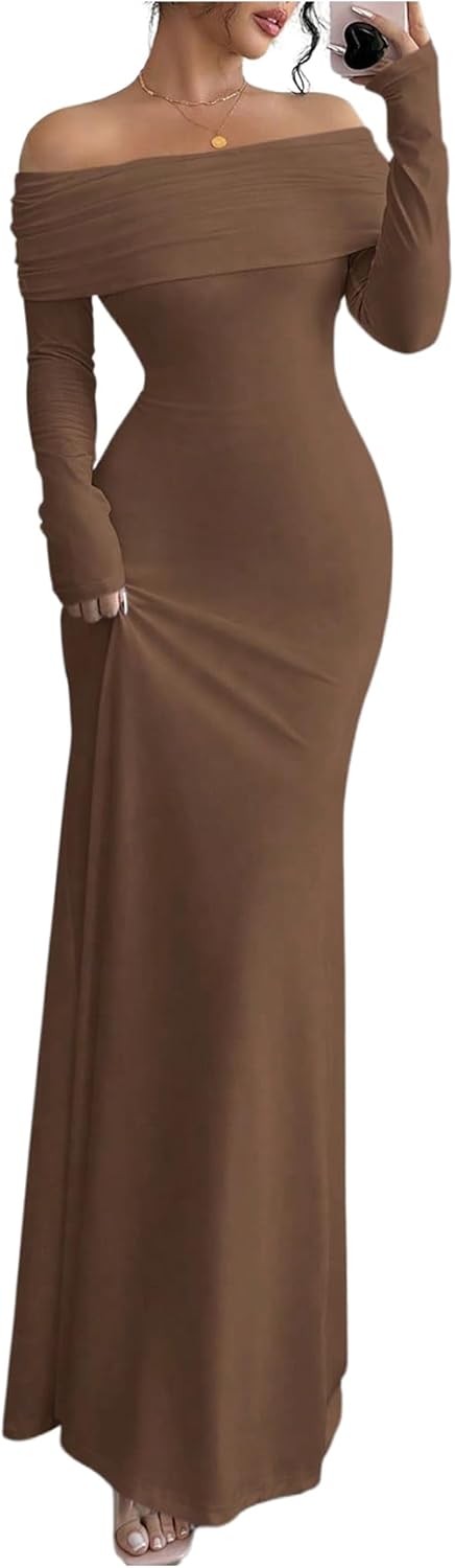 SOLY HUX Women's Long Sleeve Off The Shoulder Bodycon Dress Elegant Maxi Dress Cocktail Prom Dresses