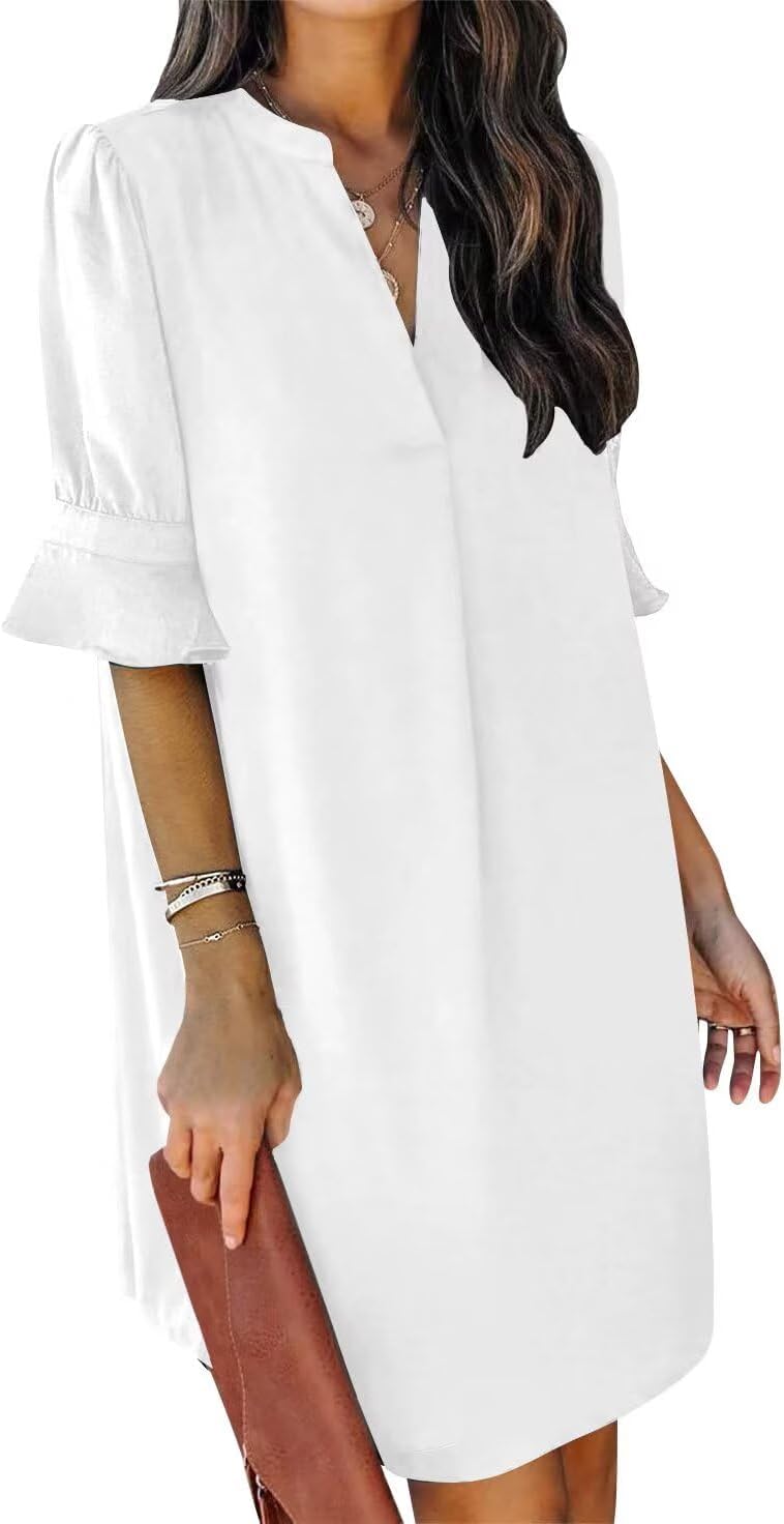 QACOHU Summer Dresses for Women V Neck Ruffle Short Sleeve Casual Shift Dress