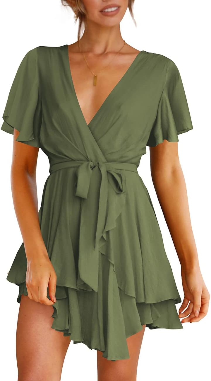 Cosonsen Women's Dress Deep V-Neck Long Sleeve Waist Tie Ruffle Mini Swing Skater Dresses