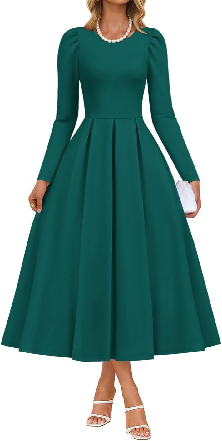 ZESICA Women's Long Sleeve Midi Dresses 2025 Fall Elegant Crewneck Swing A Line Wedding Guest Party Dress with Pockets