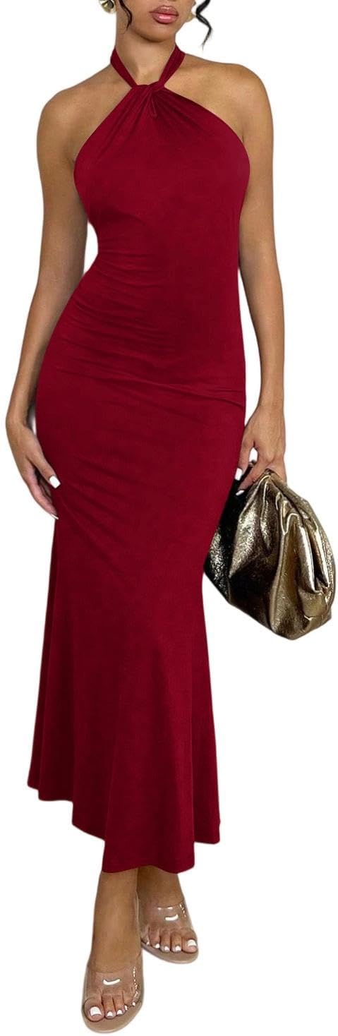SOLY HUX Women's Bodycon Maxi Dress Halter Neck Sleeveless Backless Twist Party Club Going Out Long Dresses