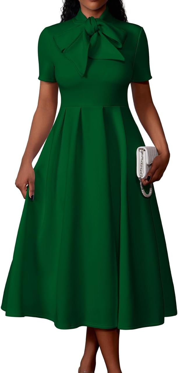Memoriesea Women's Elegant Casual Short Sleeve Work Party A-Line Dress with Pockets
