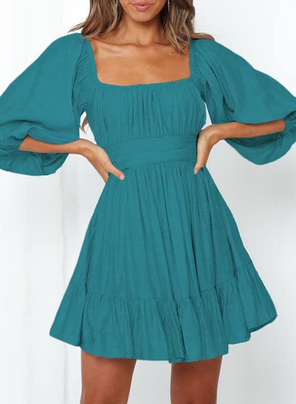 Dokotoo Womens Summer Dresses Square Neck Tie Back Lantern Sleeve Ruffle A-Line Casual Dress