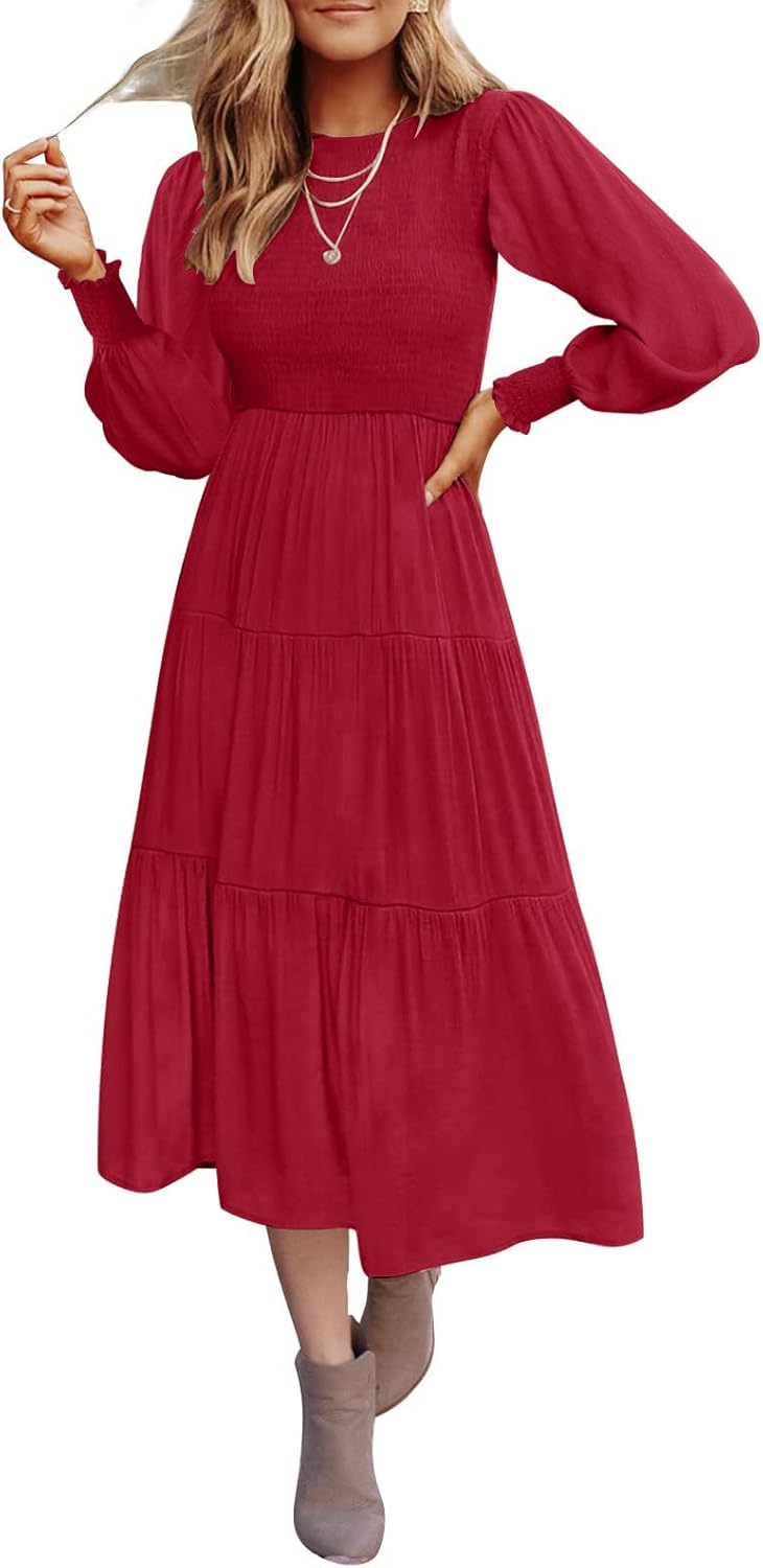 ZESICA Women's Casual Long Sleeve Crew Neck High Waist Smocked Flowy Tiered Midi Dress