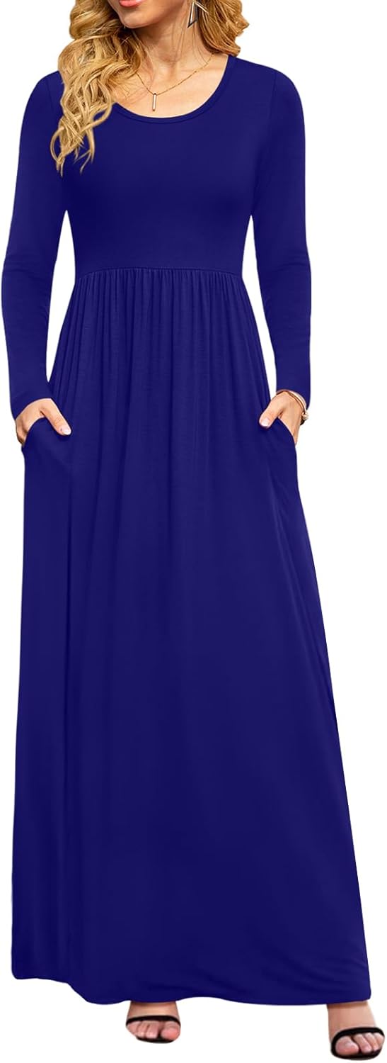 DB MOON Women Casual Long Sleeve Maxi Dresses Empire Waist Long Dress with Pockets