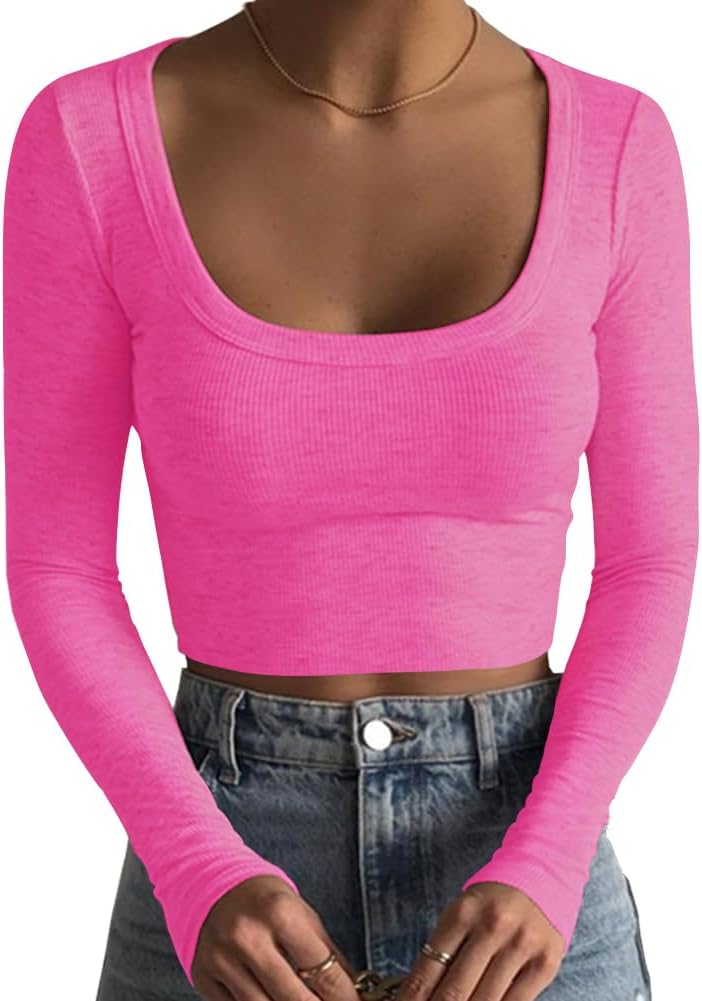 Artfish Women's Square Neck Long Sleeve Ribbed Slim Fitted Casual Basic Crop Top