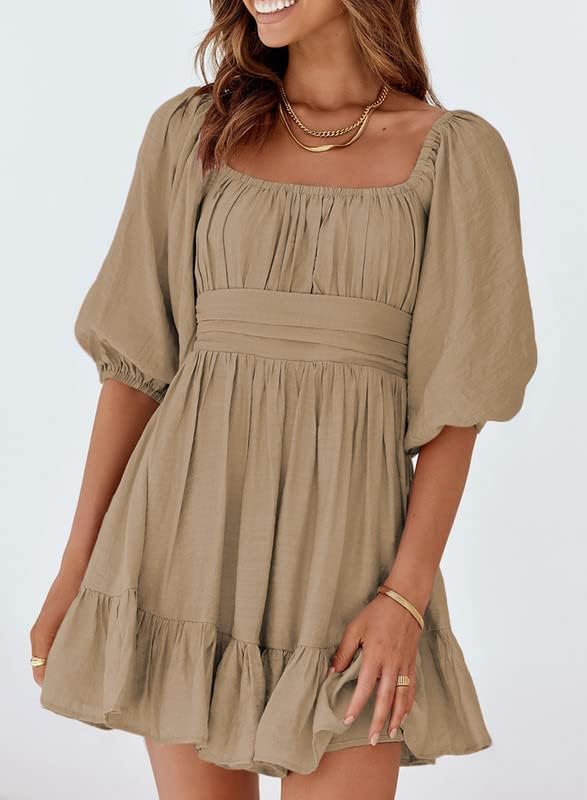 Dokotoo Womens Summer Dresses Square Neck Tie Back Lantern Sleeve Ruffle A-Line Casual Dress