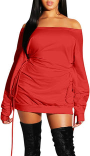 GOKATOSAU Women's Sexy Casual Off Shoulder Long Sleeve Lace Up Loose Club Mini Dress