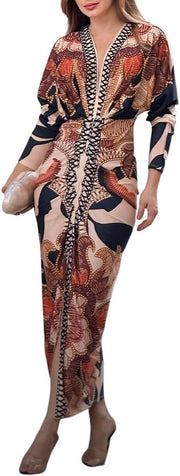 CHICME Women's Bodycon Long Sleeve Dress Casual Plunge V Neck Ruched Midi Dress 2025 Fall Bodycon Slit Office Work Dresses