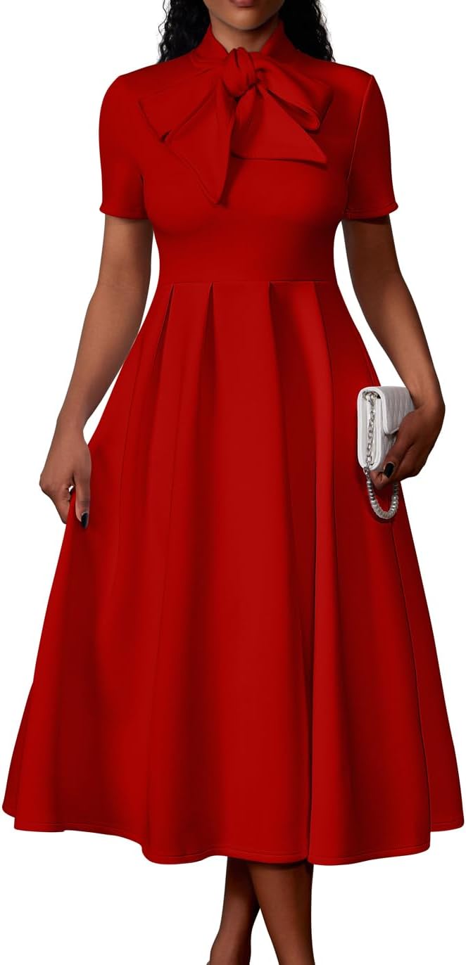 Memoriesea Women's Elegant Casual Short Sleeve Work Party A-Line Dress with Pockets