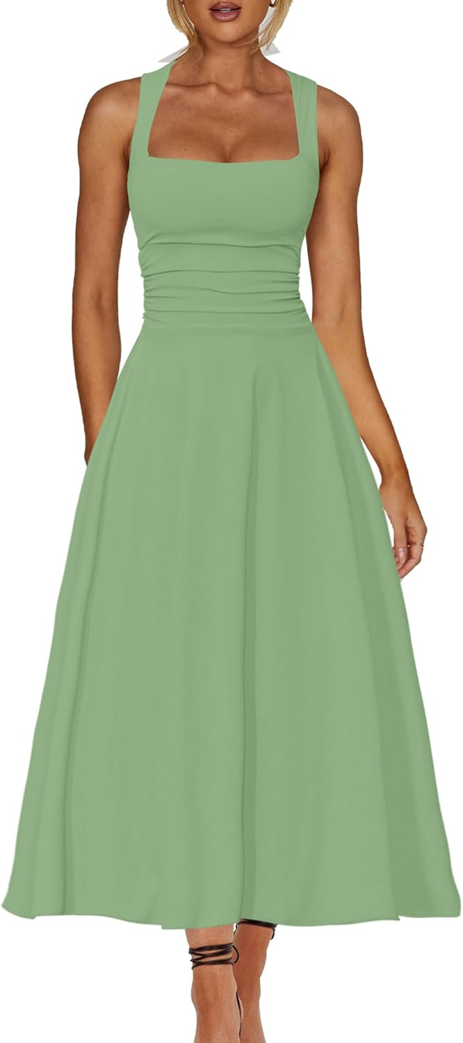 Kaximil Women's Square Neck Corset A Line Maxi Dress Ruffle Ruched Waist Flowy Long Dresses