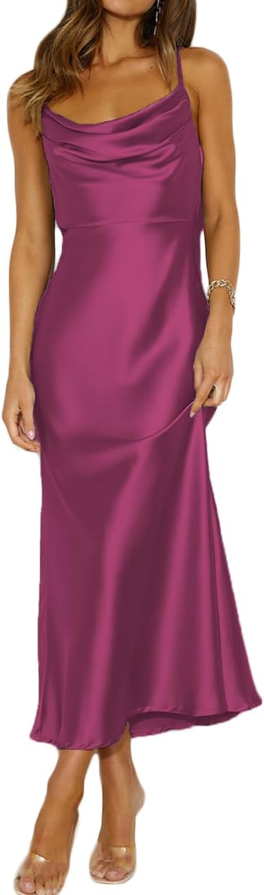 Summer Satin Spaghetti Strap Cowl Neck Backless Midi Dresses for Women Elegant Tie Low Back Ruched Cocktail Dress