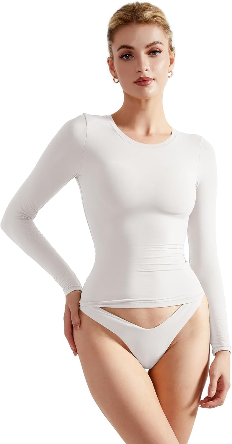 SUUKSESS Women Double Lined Fitted Basic T Shirts Crew Neck Long Sleeve Crop Top