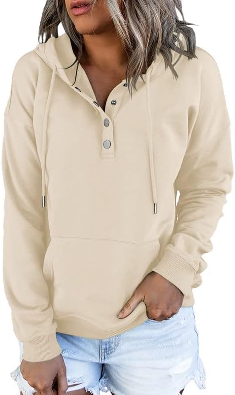 Dokotoo Womens 2025 Hoodies Button Collar Drawstring Hooded Pullover Sweatshirt Casual Long Sleeve Tops Shirts