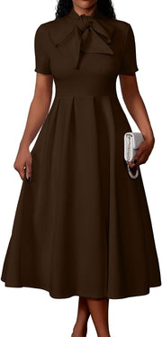 Memoriesea Women's Elegant Casual Short Sleeve Work Party A-Line Dress with Pockets