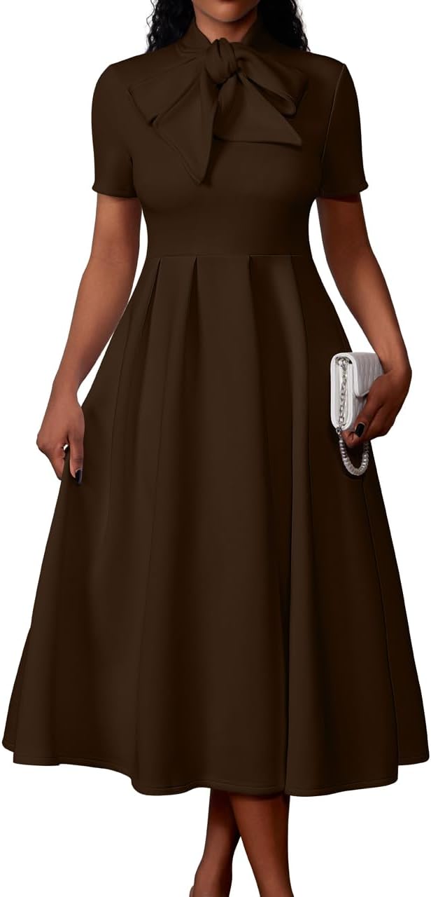 Memoriesea Women's Elegant Casual Short Sleeve Work Party A-Line Dress with Pockets