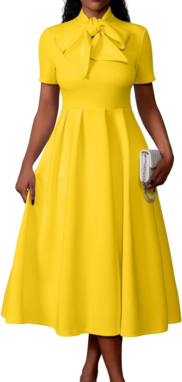 Memoriesea Women's Elegant Casual Short Sleeve Work Party A-Line Dress with Pockets