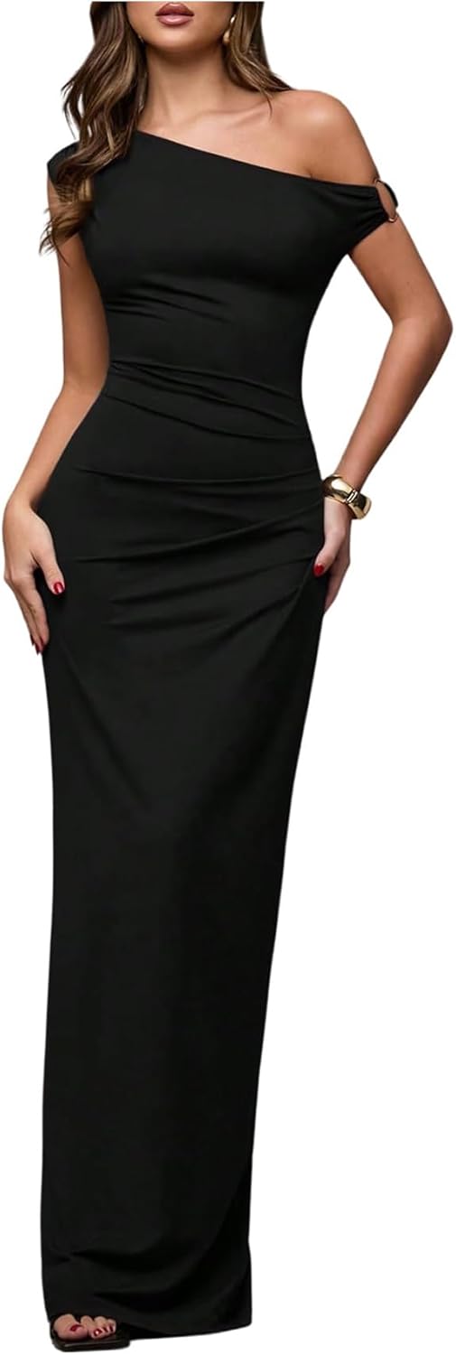 Verdusa Women's Off The Shoulder Wedding Guest Dress Asymmetrical Ruched Sleeveless Maxi Dresses