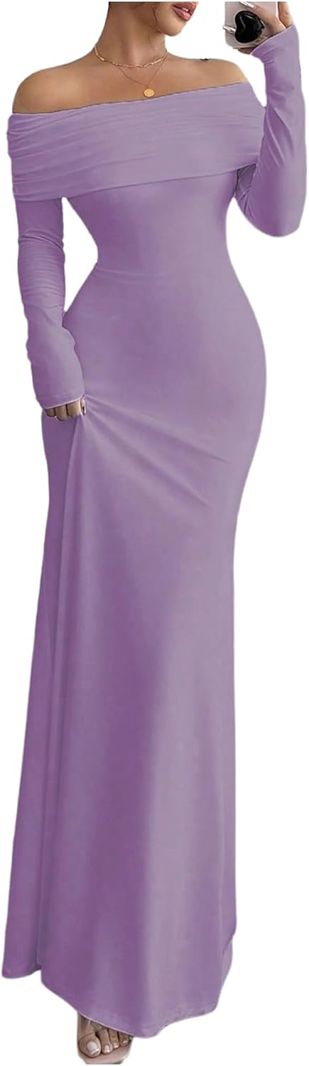 SOLY HUX Women's Long Sleeve Off The Shoulder Bodycon Dress Elegant Maxi Dress Cocktail Prom Dresses