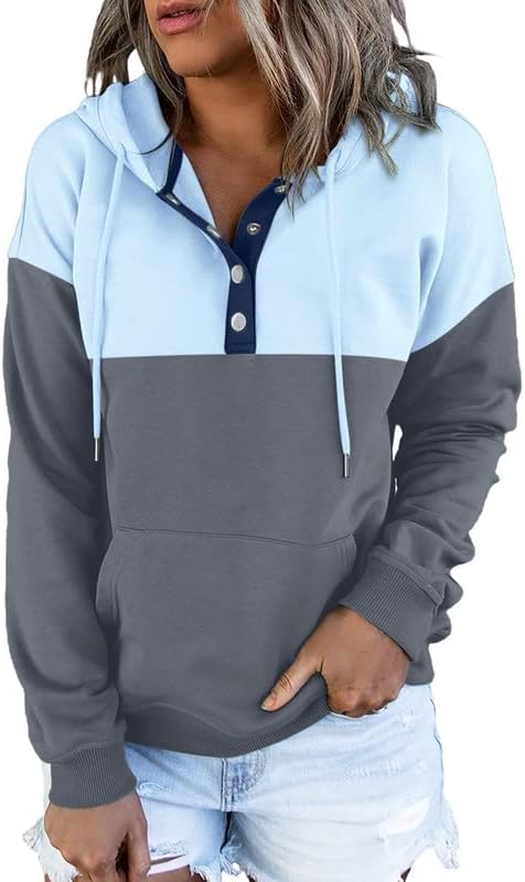 Dokotoo Womens 2025 Hoodies Button Collar Drawstring Hooded Pullover Sweatshirt Casual Long Sleeve Tops Shirts