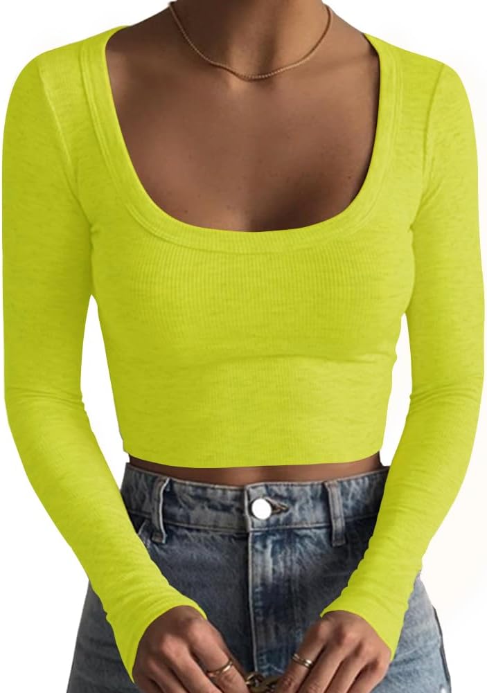 Artfish Women's Square Neck Long Sleeve Ribbed Slim Fitted Casual Basic Crop Top